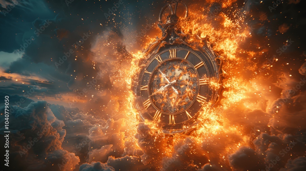 Poster ancient clock exploding with time magic energy in a fantasy world