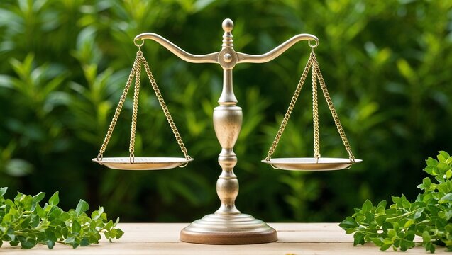 Golden Balance Scale on a Wooden Table with Green Background for Justice and Legal Concepts