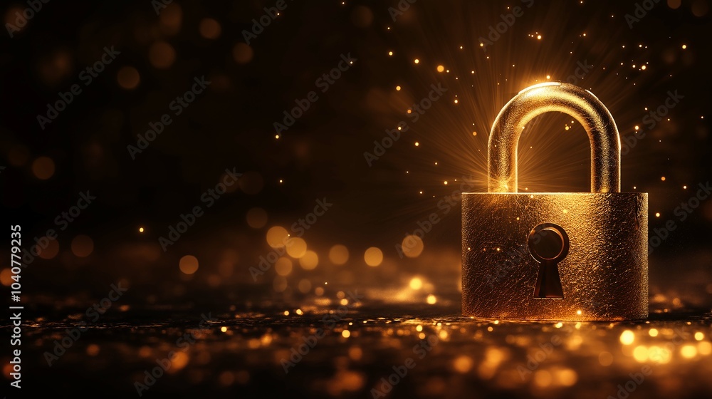 Poster golden lock icon with rays of light in dark background
