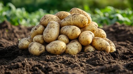 A close-up of a large heap of potatoes on freshly tilled soil, earth tones and texture emphasized, potato farming, rural agriculture