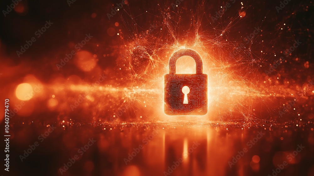 Poster digital padlock surrounded by data particles effect