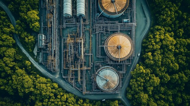 Aerial View of Sustainable Biofuel Plant Surrounded by Nature