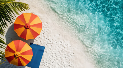 top view, beautiful beach,photography,beach mat,beach umbrella