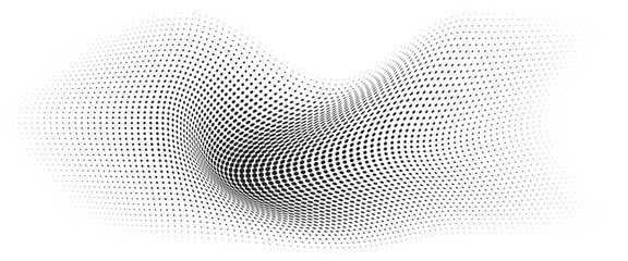 Flowing Wave Dot Halftone Pattern: Curve Gradient Shape on Transparent Background. Suitable for AI, Tech, Network, Digital, Science, and Technology Themes.