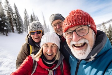 Group portrait of senior friends enjoying a day skiing in the mountains