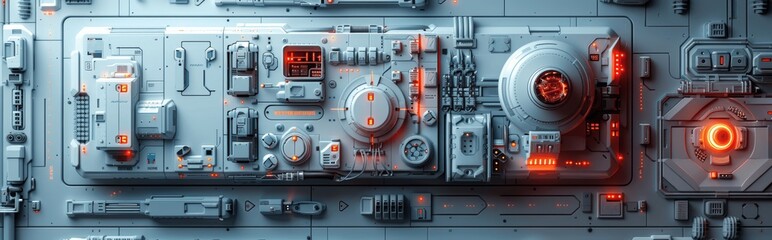Futuristic White High-Tech Panel Wall with Red Accents