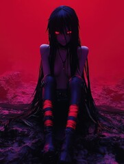 Obraz premium Surreal figure with glowing red eyes in a dark red environment