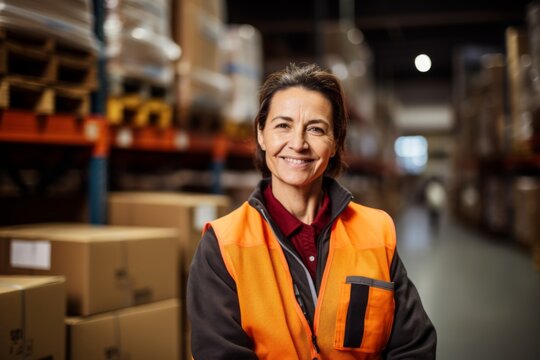 Portrait of a joyful middle aged female warehouse worker - Powered by Adobe