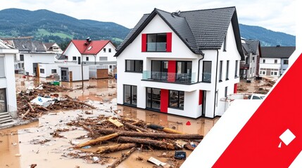 Flood ravaged rural village with destroyed homes and buildings in the aftermath of a severe storm and mudslide