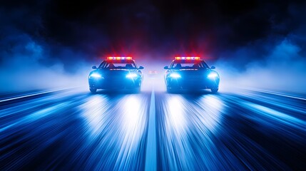 Two police cars with flashing lights, speeding through dense fog at night, chasing a suspect's car down a deserted highway, headlights piercing the mist