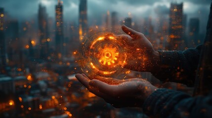 Businessman holding gears and a cityscape, representing the concept of business process management 