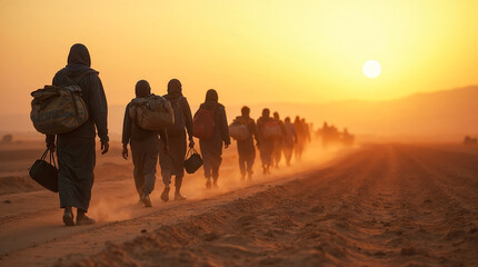 Group of people walking on desert sand at sunset time