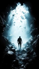 Fototapeta premium Silhouette of a Person Exploring a Majestic Cave with Sunlight Shining Through