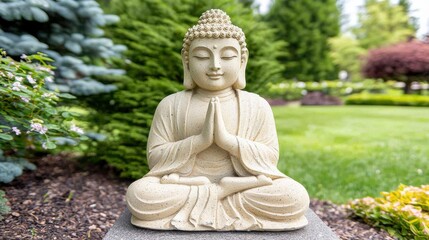 Serene Buddha Statue in Idyllic Garden Landscape with Tranquil Pond