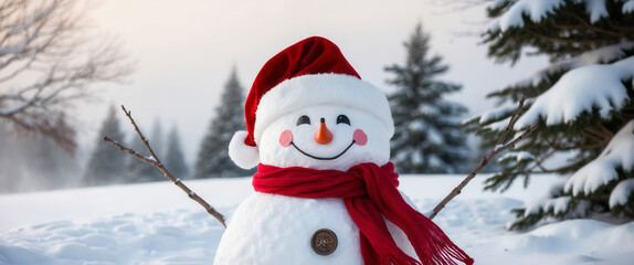 Fototapeta premium Snowman wearing santa hat and smiling in snowy forest