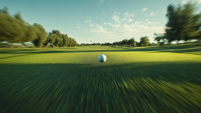 High-speed shot of a golf ball in flight, framed by a green fairway and the flagpin at a distance. golf ball action, sports movement