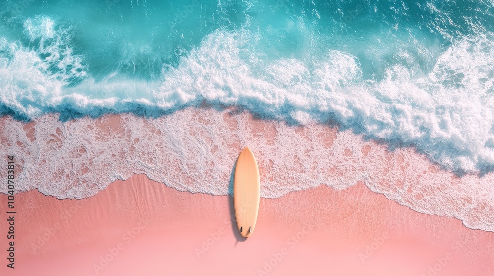 Wall mural overhead shot of pink tropical beach, surfboard resting beside waves, island in background, clean ae