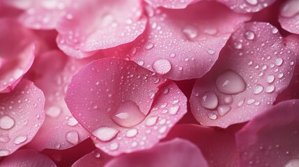 Fototapeta premium Glistening dew drops resting on pink rose petals, viewed from above, capturing the calm and peaceful essence of morning nature