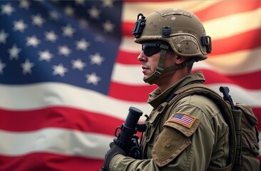 American soldier stands in front of waving flag, showcasing pride and duty during a military ceremony at sunset