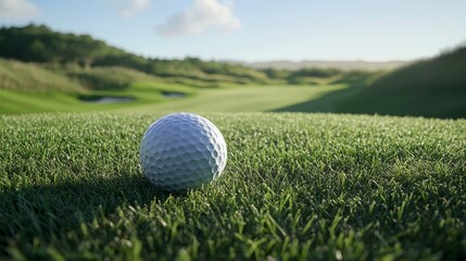 Fototapeta premium A close-up of a golf ball in flight, with the pin in the distance, framed by a vibrant green fairway