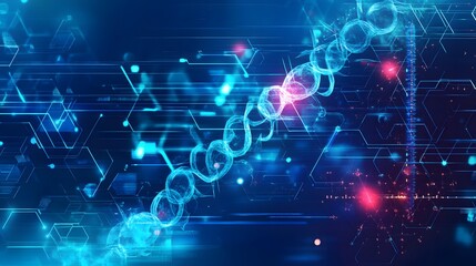 Obraz premium Abstract Digital DNA Strand with Blue and Pink Glowing Lines on Dark Background
