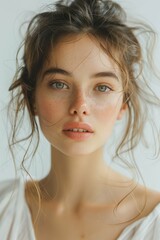 A woman with a messy bun and green eyes