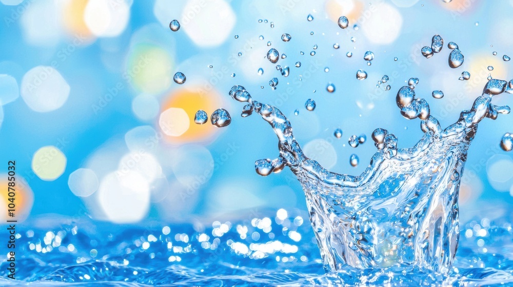 Poster splashing water droplets creating dynamic abstract blue background
