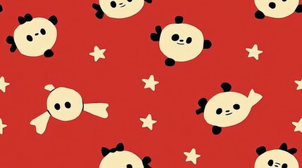 Seamless pattern with cute cartoon panda bears and stars on red background.