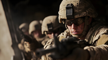 Fototapeta premium A group of soldiers in an armored personnel carrier, readying their weapons as they approach a combat zone.