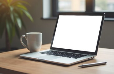 A modern workspace with a laptop, cup of coffee, and pen on a wooden desk by a sunny window in an office setting