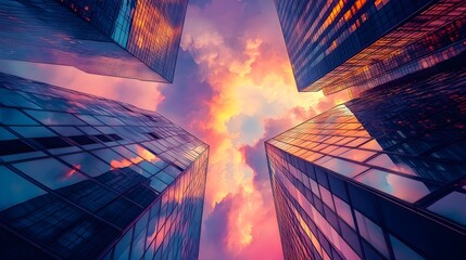 Bold graffiti sprawls across towering glass buildings, contrasting against a watercolor sky filled with thunderous clouds