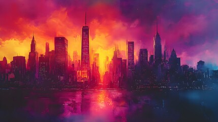 Fototapeta premium City skyline watercolor with massive skyscrapers, neon street art glowing on the streets below, creating a vibrant pulse of creativity amid concrete giants