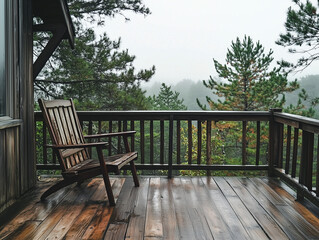 Wooden Deck with Chairs Overlooking Pine Forest