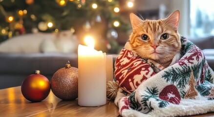 A Cozy Holiday Moment A Yellow Cat Wrapped in a Festive Blanket Surrounded by Warm Candlelight and Ornaments. Generative Ai