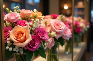 Obraz premium A vibrant display of colorful roses in glass vases at a floral shop during the daytime
