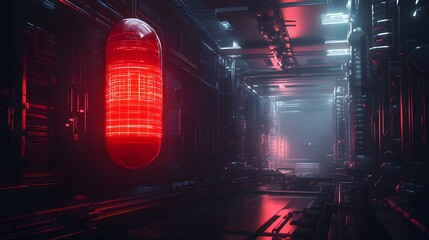 Glowing Red Capsule in Futuristic Industrial Corridor