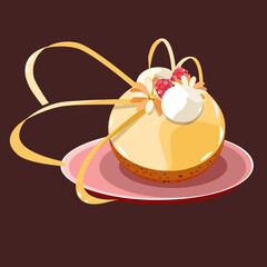 Modern dessert with raspberries and flowers vector illustration 