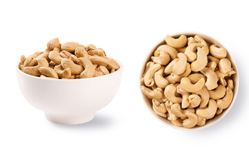 Bowl of cashew nuts isolated on white background.