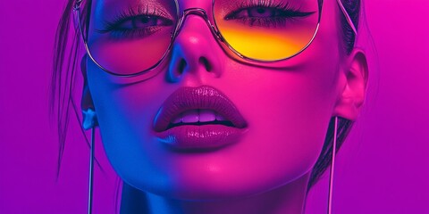 Vibrant female model wearing neon glasses, exuding confidence and style in the vibrant world of fashion photography. purple background.  © Todd's Studio