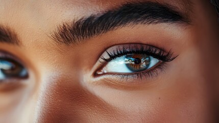 Obraz premium Close-up of a Brown Eye with Long Eyelashes and a Reflection in the Pupil