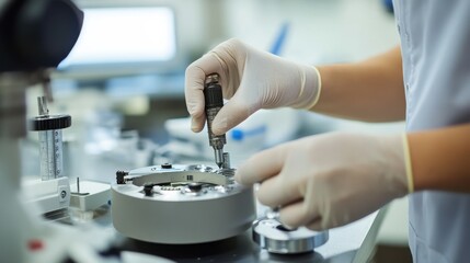 A health technician calibrating medical equipment in a laboratory setting, with calibration tools and medical devices visible, Precise style