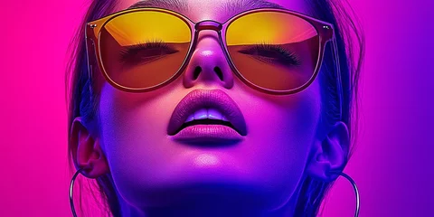 Vibrant female model wearing neon glasses, exuding confidence and style in the vibrant world of fashion photography. purple background.  © Todd's Studio