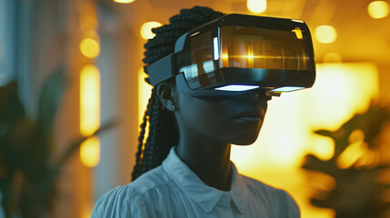 futuristic woman in VR headset with glowing light, female wearing high-tech virtual reality goggles with neon blue interface, exploring virtual worlds in digital office environment