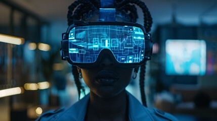 futuristic woman in VR headset with glowing light, female wearing high-tech virtual reality goggles with neon blue interface, exploring virtual worlds in digital office environment