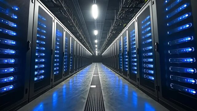 High-tech data center with server racks and glowing blue lights.
