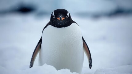 Obraz premium Gentoo Penguin standing on snowy ground in Antarctica
