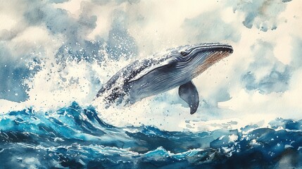 Fototapeta premium A majestic humpback whale breaches the ocean surface in a stunning display of nature's grandeur during a sunny day