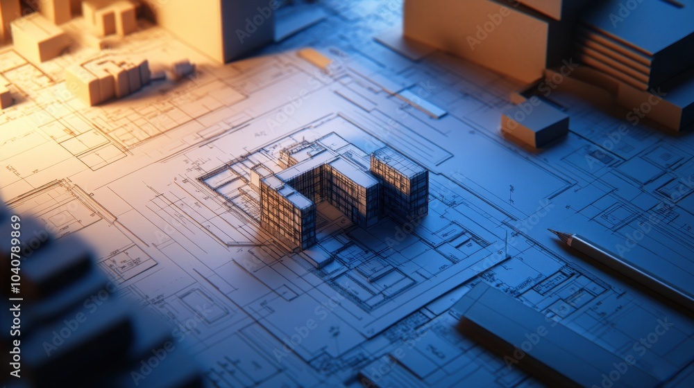 Poster architectural blueprint with 3d model of a building.