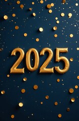 Naklejka premium Golden 2025 numbers surrounded by shimmering circles on a dark background celebrating the upcoming New Year