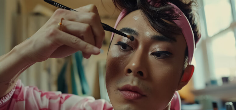 young feminine queer man applying makeup cosmetics with brush and lipstick, gay male apply make-up, lgbtq self expression concept